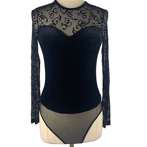 Vintage Black Stretch Velvet Bodysuit w/Embroidered Mesh Sleeves & Bodice Sz S